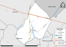 Carte en couleur présentant le réseau hydrographique de la commune