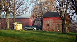 Two large red wooden buildings, the one on the left bigger than the other, and a small yellow one in front of it. seen through some trees in the foreground