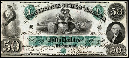 Alternate $50 Confederate States of America note from 1861, showing Justice, Agriculture and Industry, and George Washington