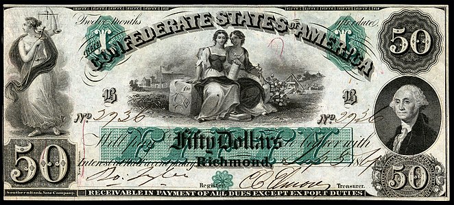 Fifty Confederate States dollar (T6), by the Southern Bank Note Company