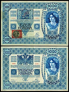 One-thousand Czechoslovak koruna at Banknotes of the Czechoslovak koruna (1919), by the Austro-Hungarian Bank and the First Czechoslovak Republic
