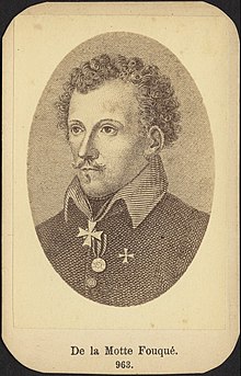 Engraved image of Friedrich de la Motte-Fouqué with typed caption "De la Motte Fouqué 963"