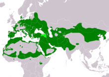 Approximate range in green shown on a map of the world