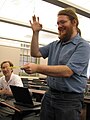 Gmaxwell playing with a paddleball at WikiConference NYC 2009.