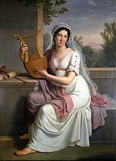 painting of young woman in long white frock with purple shawl; she holds a lyre