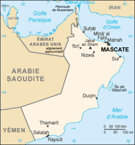 Carte d'Oman ; la frontière entre Oman et le Yémen est visible dans le quart sud-ouest de la carte.