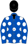 Blue, white spots, blue sleeves, white spots, black cap