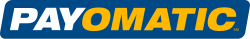 Each letter of "PAYOMATIC" is colored (from left to right) white, white, white, yellow, yellow, yellow, yellow, yellow, yellow. The name PAYOMATIC is over a dark blue rectangle with rounded corners angled from to the right.