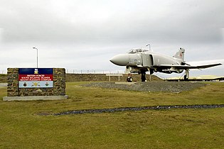 A Phantom aircraft as the gate guardian at the entrance to the air terminal at Mount Pleasant Complex in the Falkland Islands. This was removed c. 2011