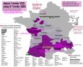 Territoires contrôlés par les protestants lors des guerres de Religion (1562-1598). En rouge-bordeaux : les huguenots (calvinistes/réformés), en mauve : zone contestée par les catholiques, en violet (Alsace et Moselle) : les luthériens.