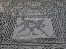 floor mosaic of two gladiators fighting in museum in Reims