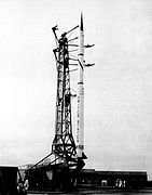 Scout-X5C with Reentry-F payload on launch pad at Wallops Island, 1968