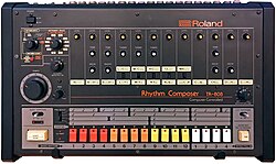 The TR-808 front panel: a black box with rows of colored buttons and dials.