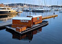 A saune on a dock in the Tjuvholmen marina of Oslo, Norway