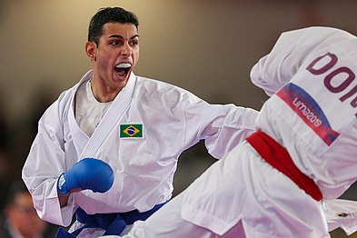 Vinicius Figueira (Brasil) durante as eliminatórias da categoria -67kg do caratê nos Jogos Pan-Americanos Lima 2019. Local: Polideportivo Villa El Salvador, em LIma (Peru). Data: 11.08.2019. Crédito: Abelardo Mendes Jr/ rededoesporte.gov.br