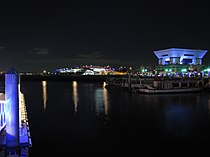 当公園からの夜景、象の鼻防波堤と大さん橋およびふ頭ビルが見える