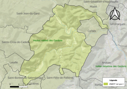 Carte de la ZNIEFF de type 2 sur la commune.