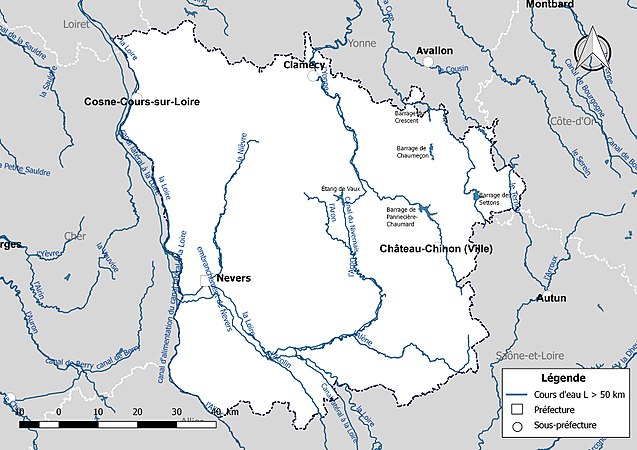 Carte des cours d'eau de longueur supérieure à 50 km de la Nièvre.