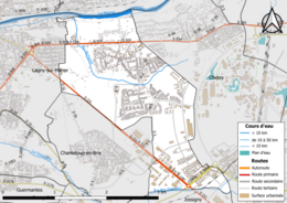 Carte en couleur présentant le réseau hydrographique de la commune