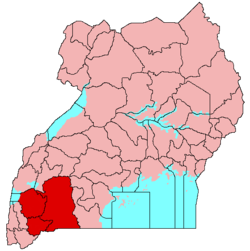Location of Ankole (red) in Uganda (pink).
