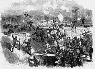 An 1863 lithograph showing General Stephen G. Burbridge planting the Union flag after the capture of Arkansas Post