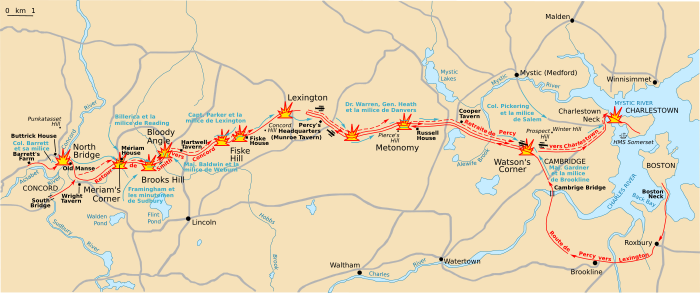 Carte des itinéraires de la retraite de l'expédition britannique et des forces Patriots le 19 avril 1775.