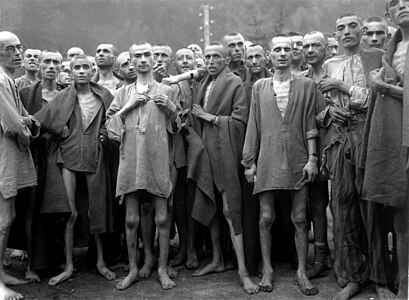 Inmates of Ebensee concentration camp after their liberation, by Arnold E. Samuelson