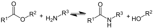 Amminolyse d'un ester par une amine primaire donnant un amide et un alcool.