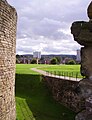 View across the moat to the outer bailey.