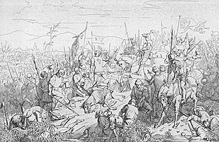 Champ de bataille avec des cadavres d'hommes et de chevaux en premier plan, avec, au centre, un homme remettant son épée à un cavalier, en signe de défaite.