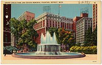 Postcard showing the Thomas Edison Memorial Fountain. The Hotel Tuller is visible in the background