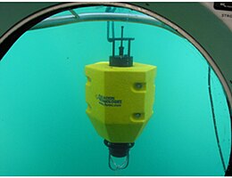 Figure 4b: The submersible encounters one of the baseline transponders, now tethered above the sea floor.