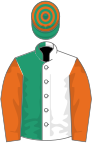 White and emerald green (halved), orange sleeves, emerald green and orange hooped cap