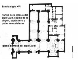 Plano del conjunto, donde se aprecian las ampliaciones y modificaciones del templo durante los siglos XVI y XVII