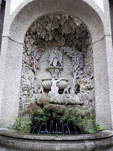 The Fountain of the Owl. Some of the original sculptural figures are replaced by cutouts.