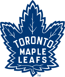 Old logo for the Maple Leaf, featuring a blue maple leaf stylized with leaf veins on its edges, with white lettering Toronto Maple Leaf placed within the Maple Leaf.