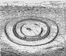 Illustration en noir et blanc d'un site préhistorique en cercle.