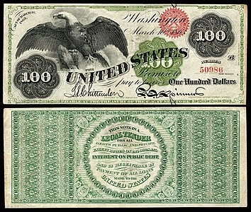 One-hundred-dollar United States Note from the series of 1862–63 at Greenback (money), by the American Bank Note Company