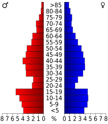 Schéma représentant la population du comté, par tranche d'âge. En rouge, à gauche, les femmes, en bleu à droite, les hommes.