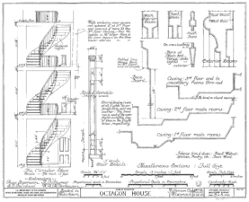 Interior details: the main spiral staircase, door casings and base boards.