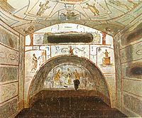 Catacomb chamber with (from top): Orants, Jonah and the Whale, Moses striking the rock (left), Noah praying in the ark, Adoration of the Magi. 200–250