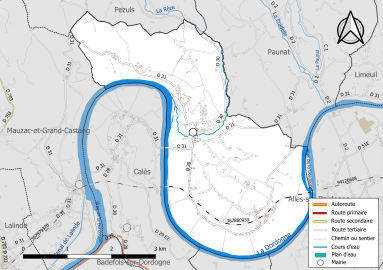 Carte en couleur présentant le réseau hydrographique de la commune