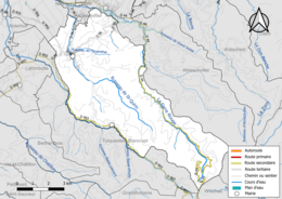 Carte en couleur présentant le réseau hydrographique de la commune