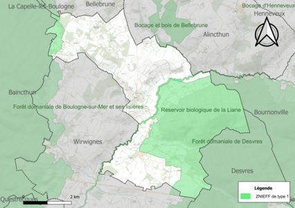 Carte des ZNIEFF de type 1 sur la commune.