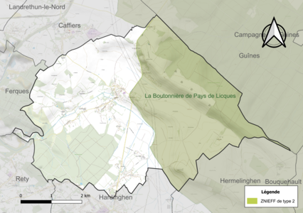 Carte de la ZNIEFF de type 2 sur la commune.