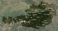 Satellite map of modern Austria, with location of some of the subcamps marked with red dots.