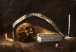 Vanitas con calavera, libro, clepsidra, filacteria y candelero, de Juan Francisco Carrión