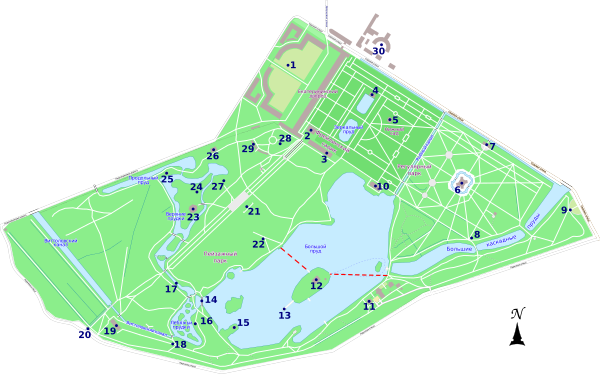 Katariinan puiston kartta 1. Katariinan palatsi 2. Kylmäkylpylä, Akaattihuoneet 3. Cameronin galleria 4. Yläkylpylä 5. Alakylpylä 6. Eremitaaši-paviljonki 7. Eremitaašin keittiö 8. Morea-pylväs 9. "Rakkaille tovereilleni" portti 10. Grotto-paviljonki 11. Amiraliteetti 12. Saari-paviljonki 13. Tšesme-pylväs 14. Marmorisilta 15. Turkkilainen kylpylä 16. Pyramidi 17. Punainen (Turkkilainen) vesiputous 18. Goottilainen portti 19. Rauniotorni 20. Orlov-portti 21. Graniittiterassi 22. Suihkulähde "Tyttö ja ruukkku" 23. Konserttisali 24. Rauniokeittiö 25. Kitisevä pagodi 26. Iltasali 27. Katariina II:n suosikin Aleksandr Lanskoin (1758-1784) muistomerkki 28. Yksityispuutarha 29. Kagul-obeliski 30. Eläkkeelle jäääneiden hevosten talli