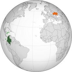 Map indicating locations of Colombia and Ukraine