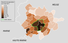 Carte affichant la densité de chaque commune de l'aire urbaine de Bar-le-Duc.
